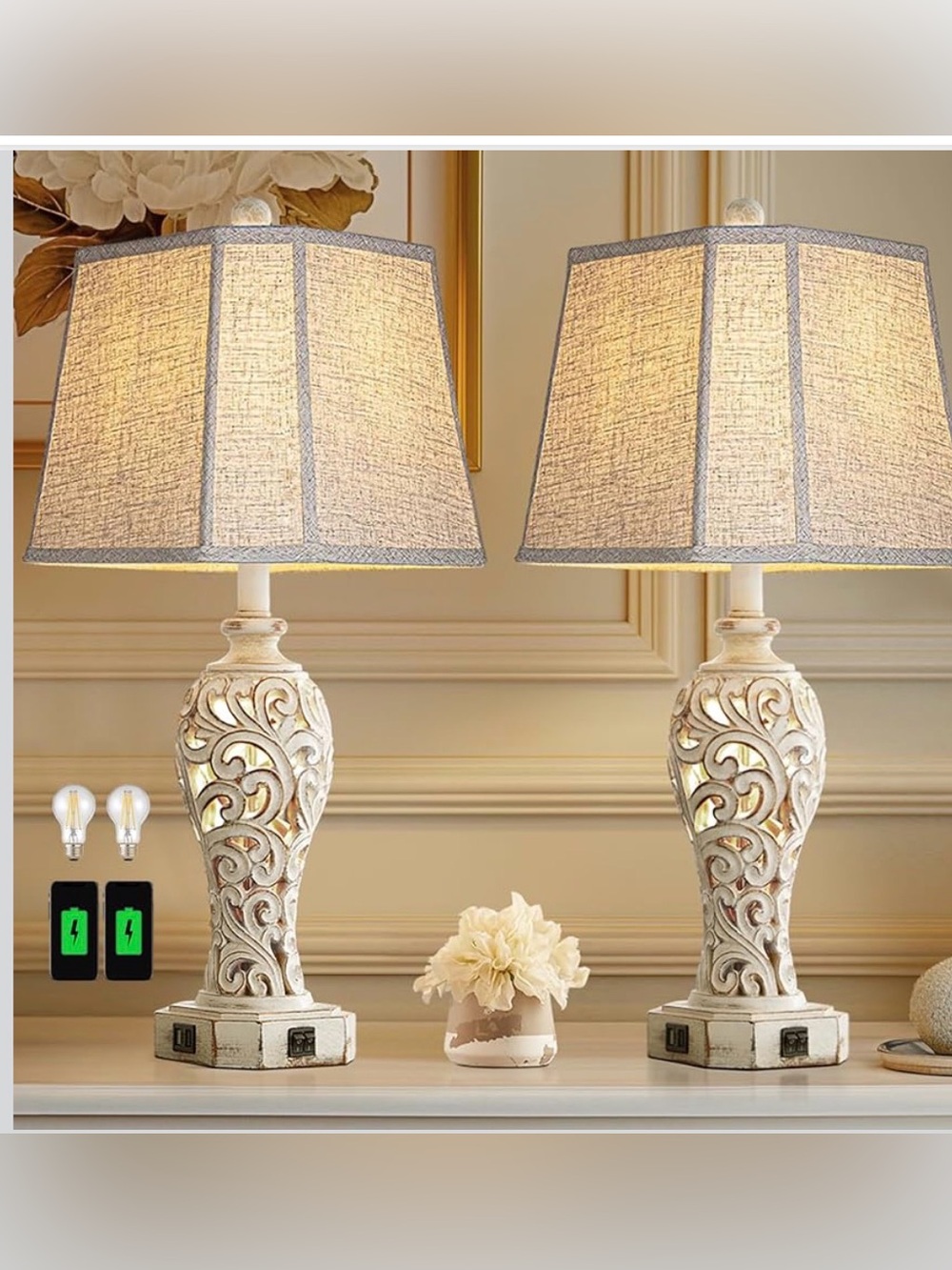 ⭐️Set of 2 RusticTable Lamps Farmhouse with2 USB Ports,Bulbs Included(WashWhite)